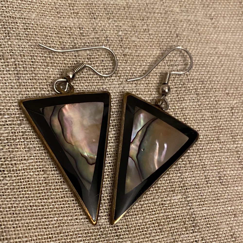 Southwestern Alpaca Silver Abalone dangle earrings 1980’s Geo style